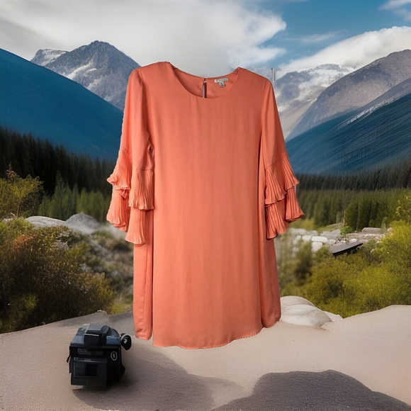 XL Cato Charming Peach Fully Lined To The Knee Dress Double Layer Bell Sleeves - Picture 2 of 8